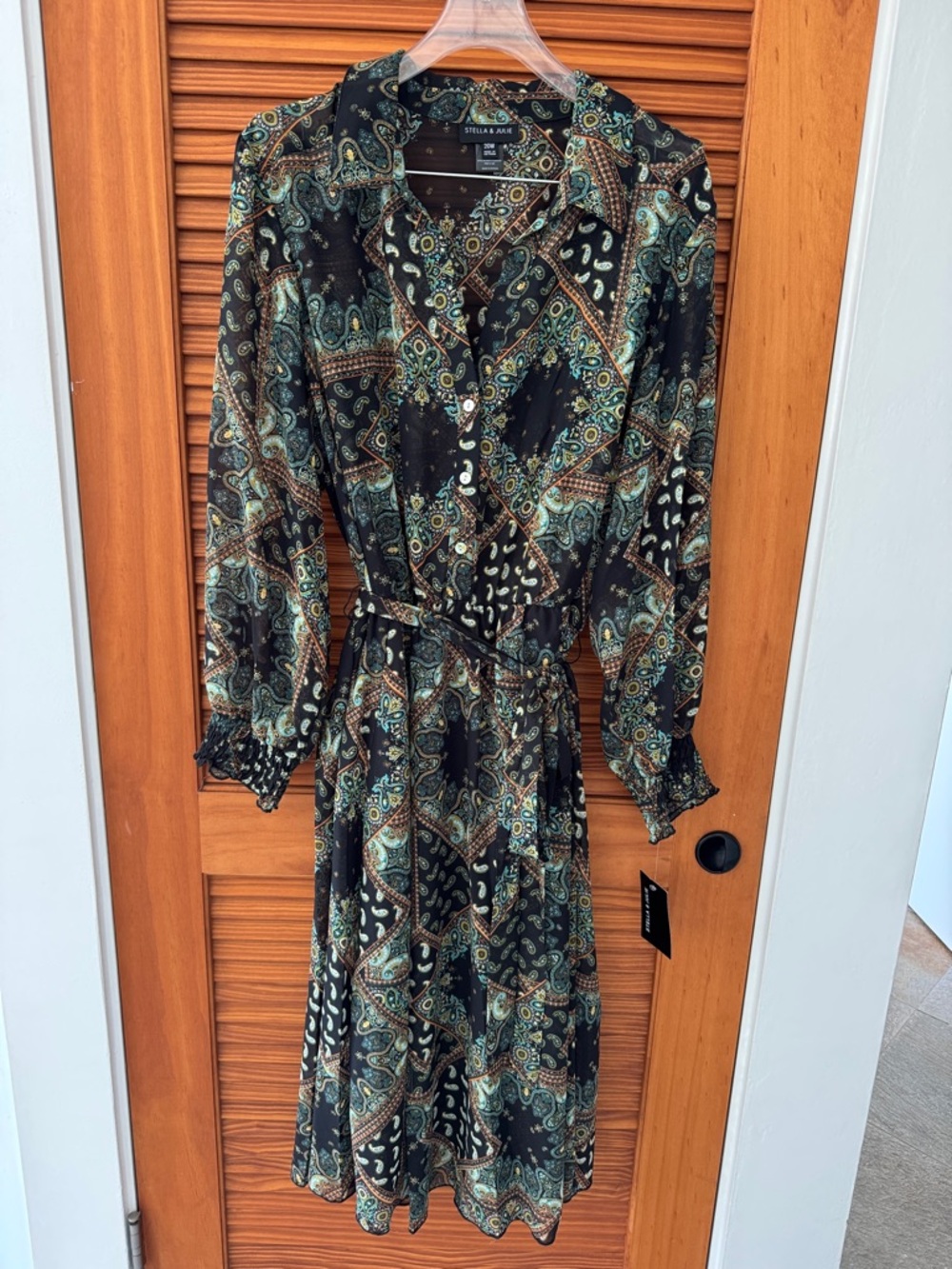 STELLA & JULIE Black Paisley Print Long-Sleeve Button Dress NWT